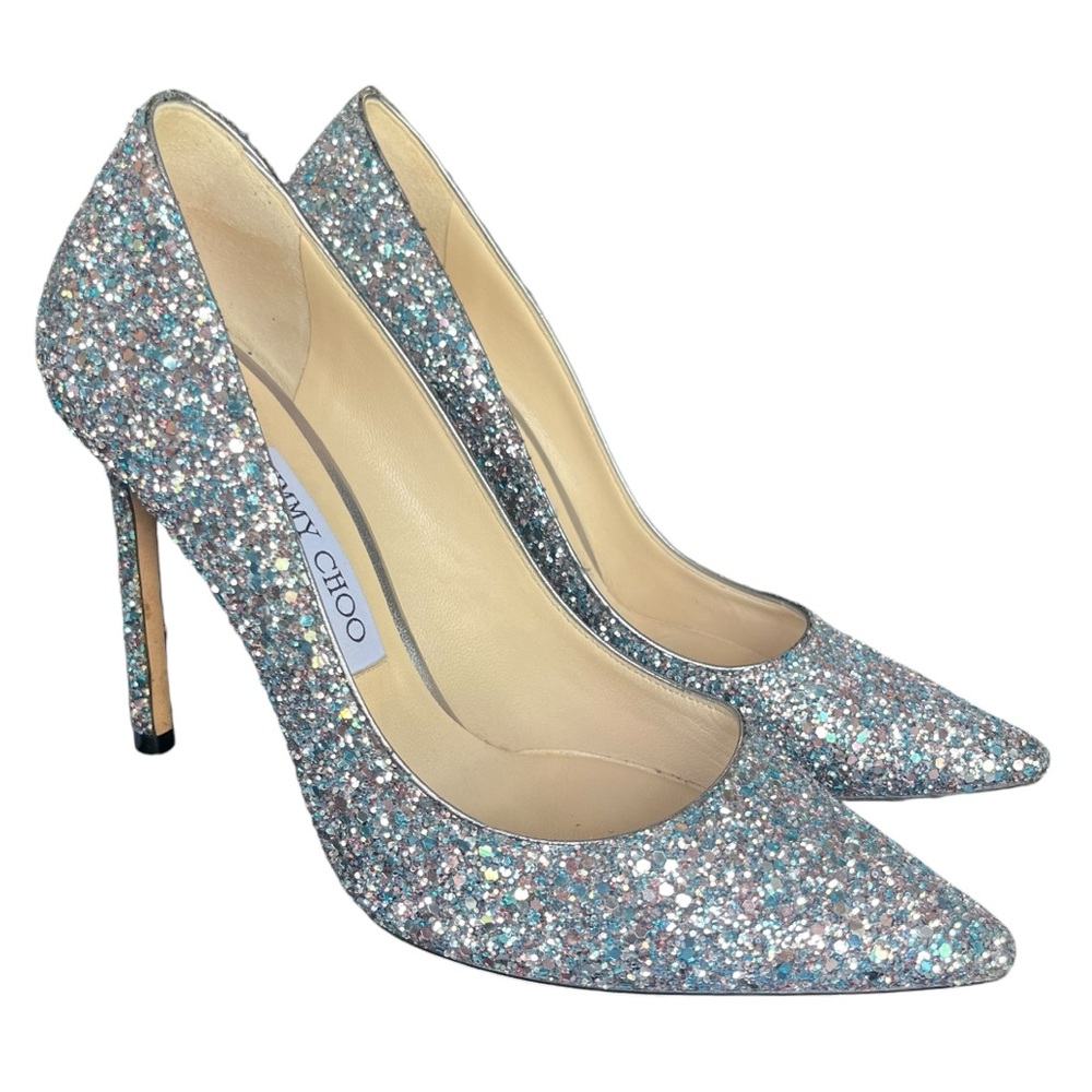 Jimmy Choo Romy Pumps glitter shoes 100mm ~4 inch stiletto heels size 38 US 8